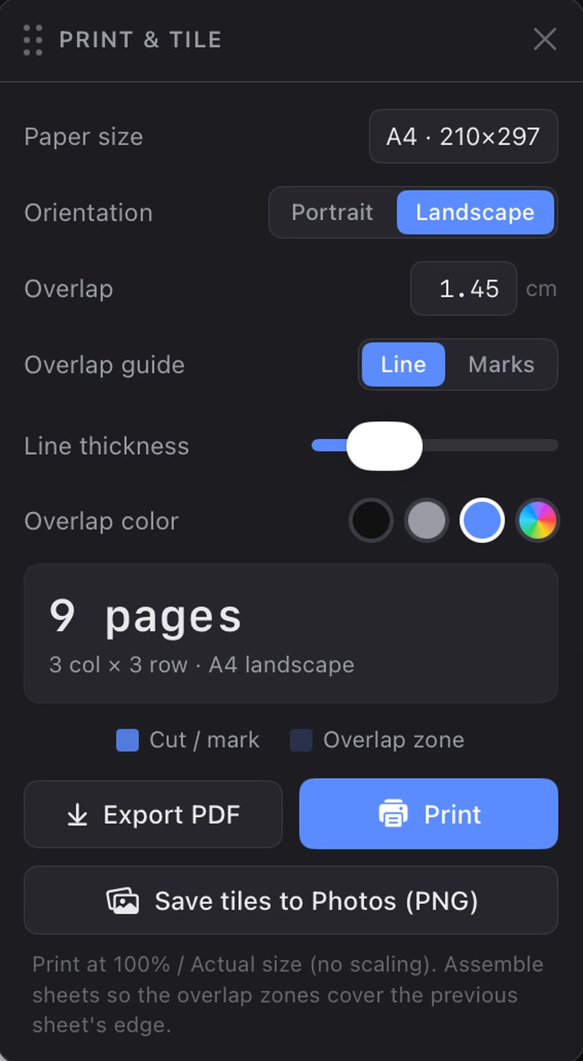 Print and Tile panel: paper size A4, landscape, overlap 1.45 cm, 9 pages, with Export PDF, Print and Save tiles to Photos buttons.